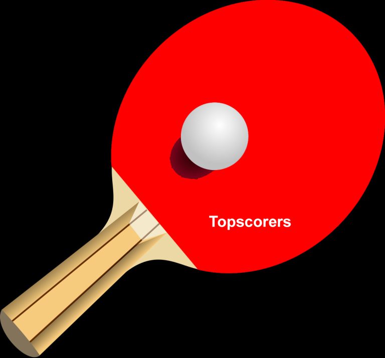 Illustratie van een rood tafeltennisbatje met balletje en de tekst Topscorers